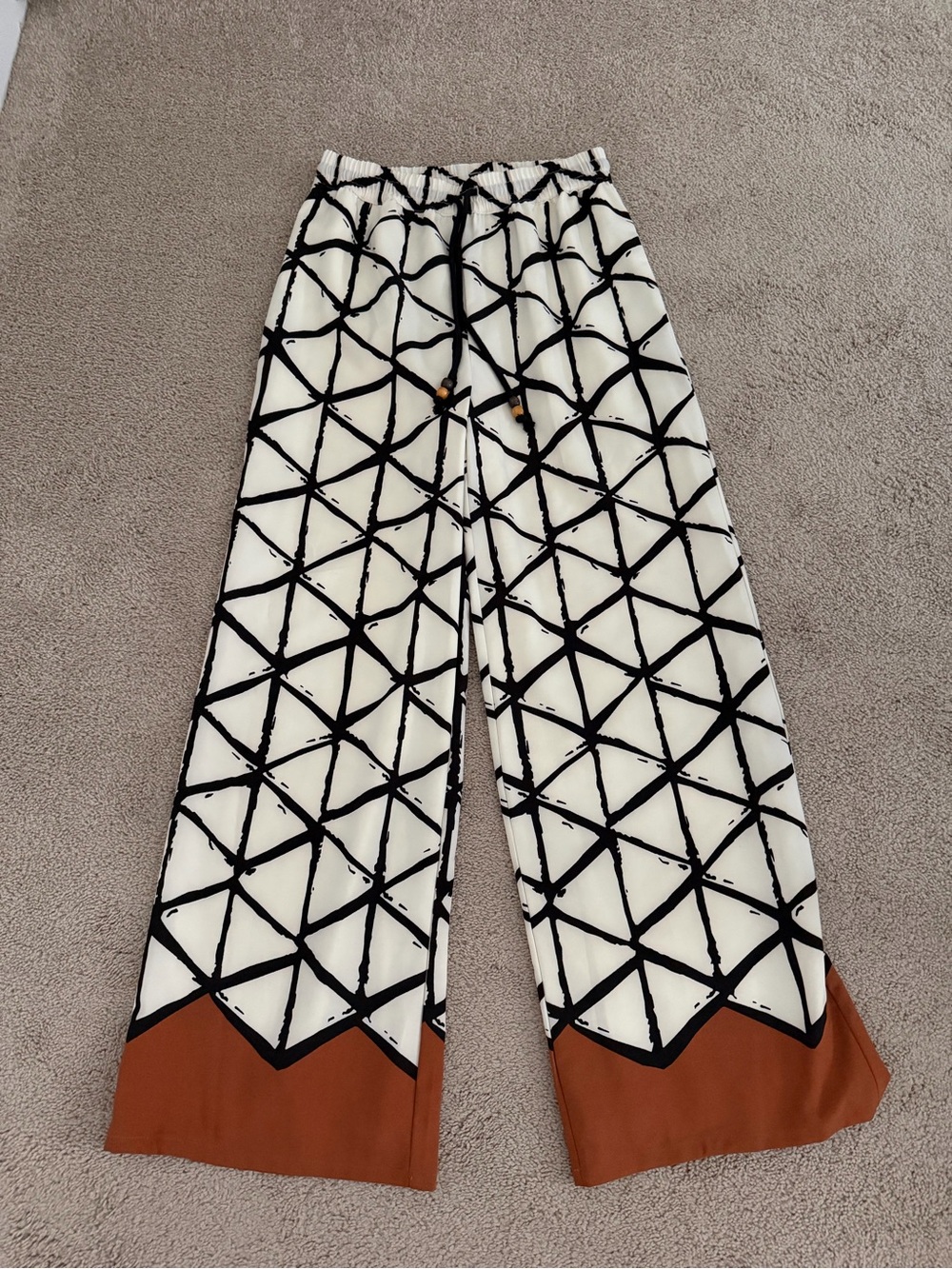 Wide Leg Geometric Print Pants in Ivory and Black with Brown/Rust Hem